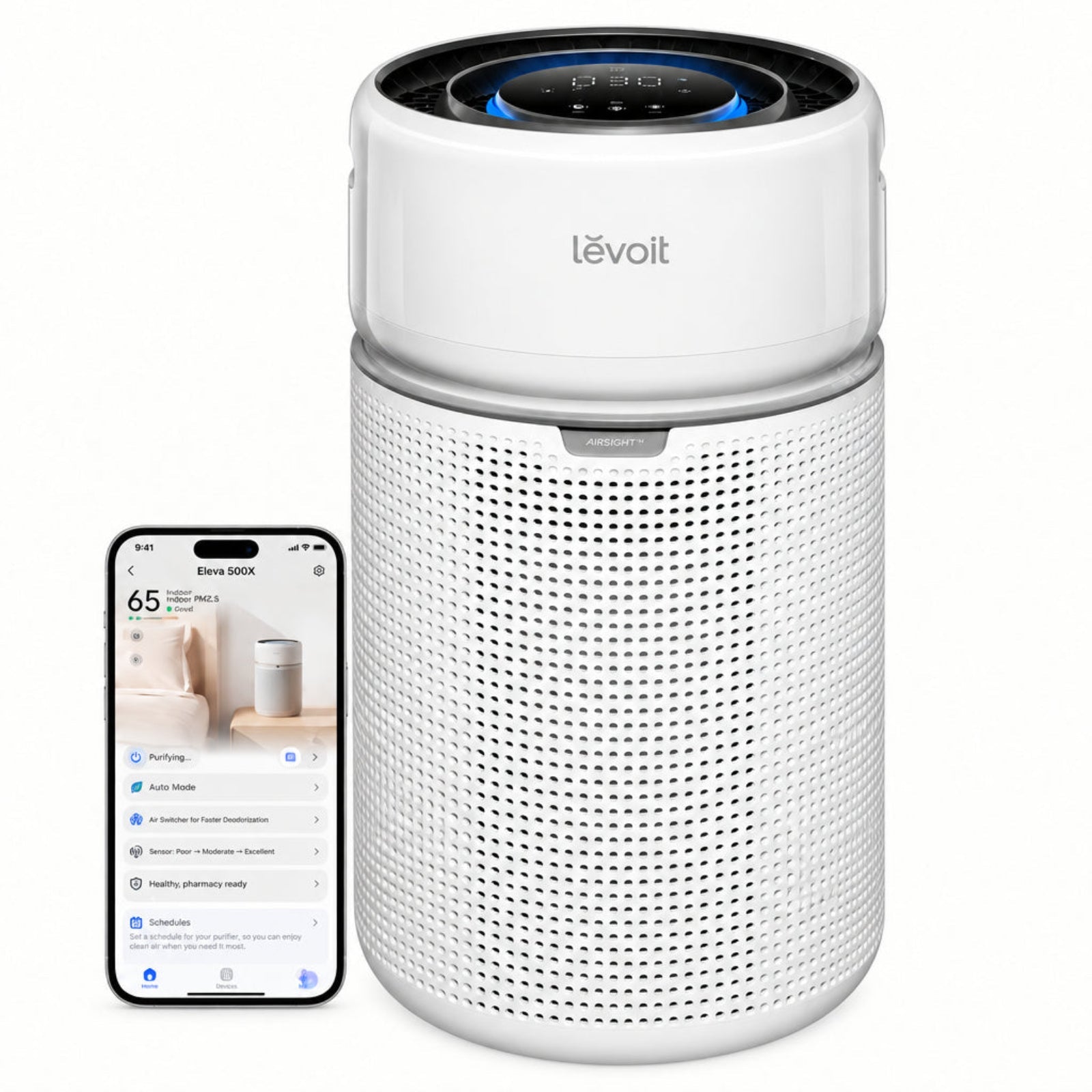 White Levoit Eleva 500X purifier shown with an illustrative VeSync app screen