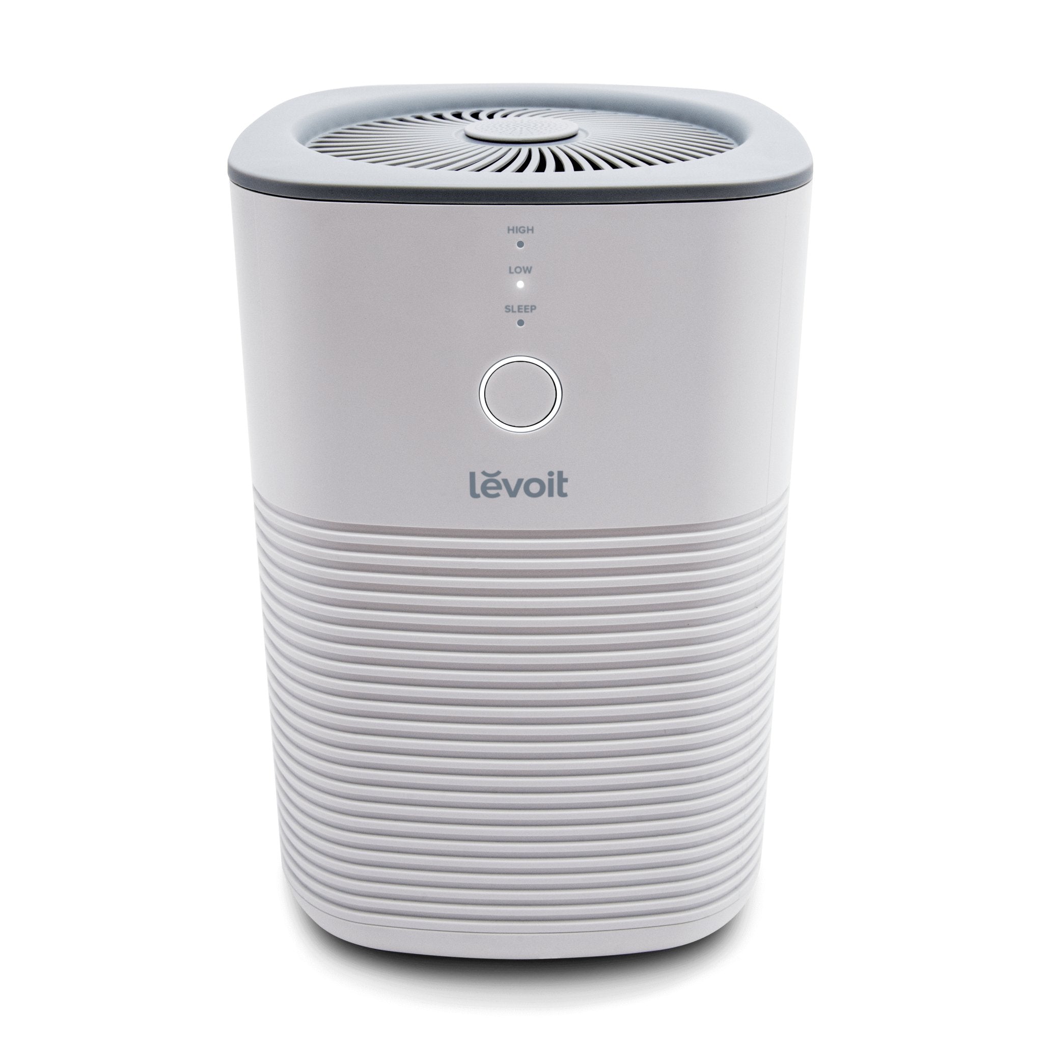White Levoit LV-H128 desktop purifier with radial top outlet, one circular control and three fan-speed indicators