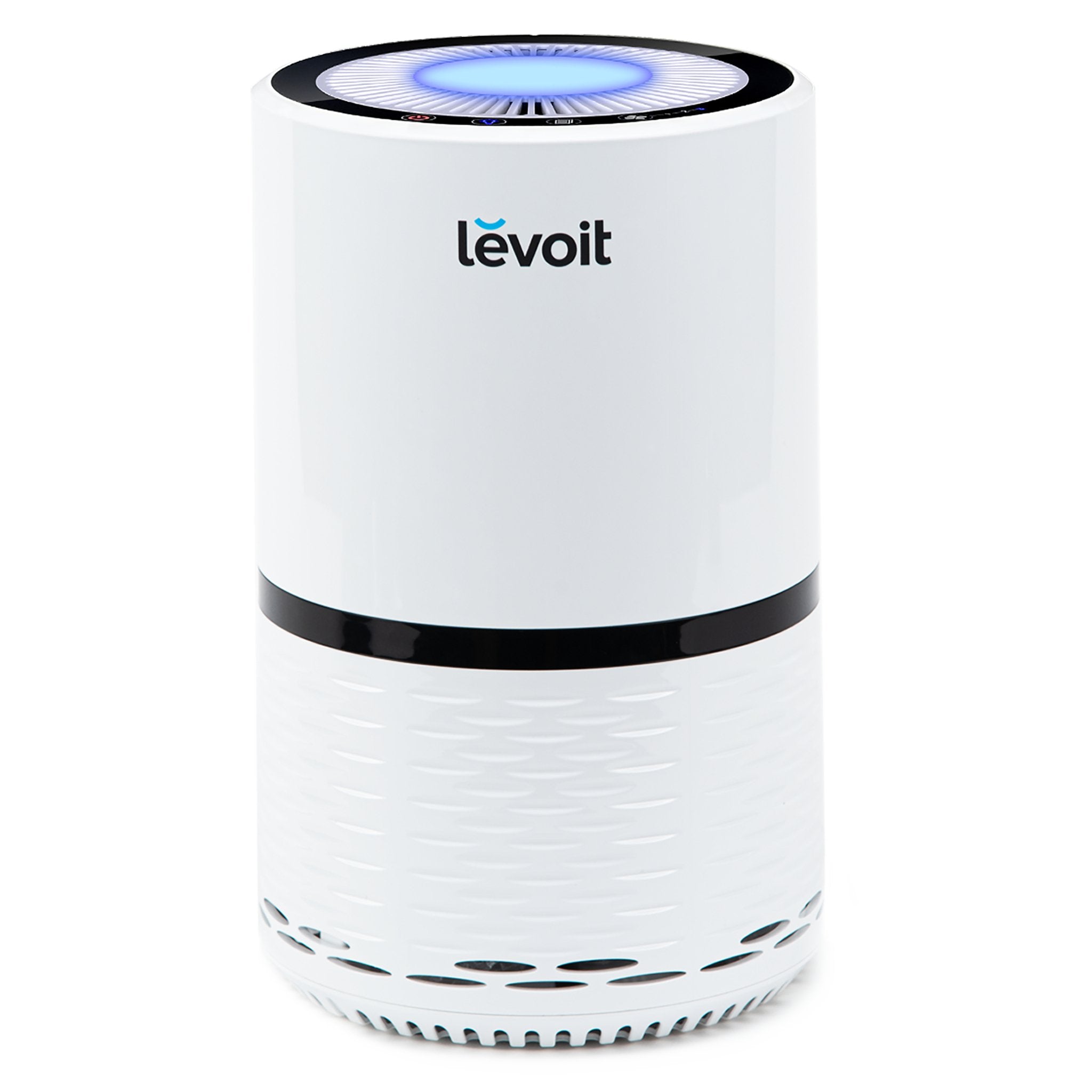 White Levoit LV-H132 cylindrical personal purifier with a dark control ring, illuminated top outlet and perforated lower intake