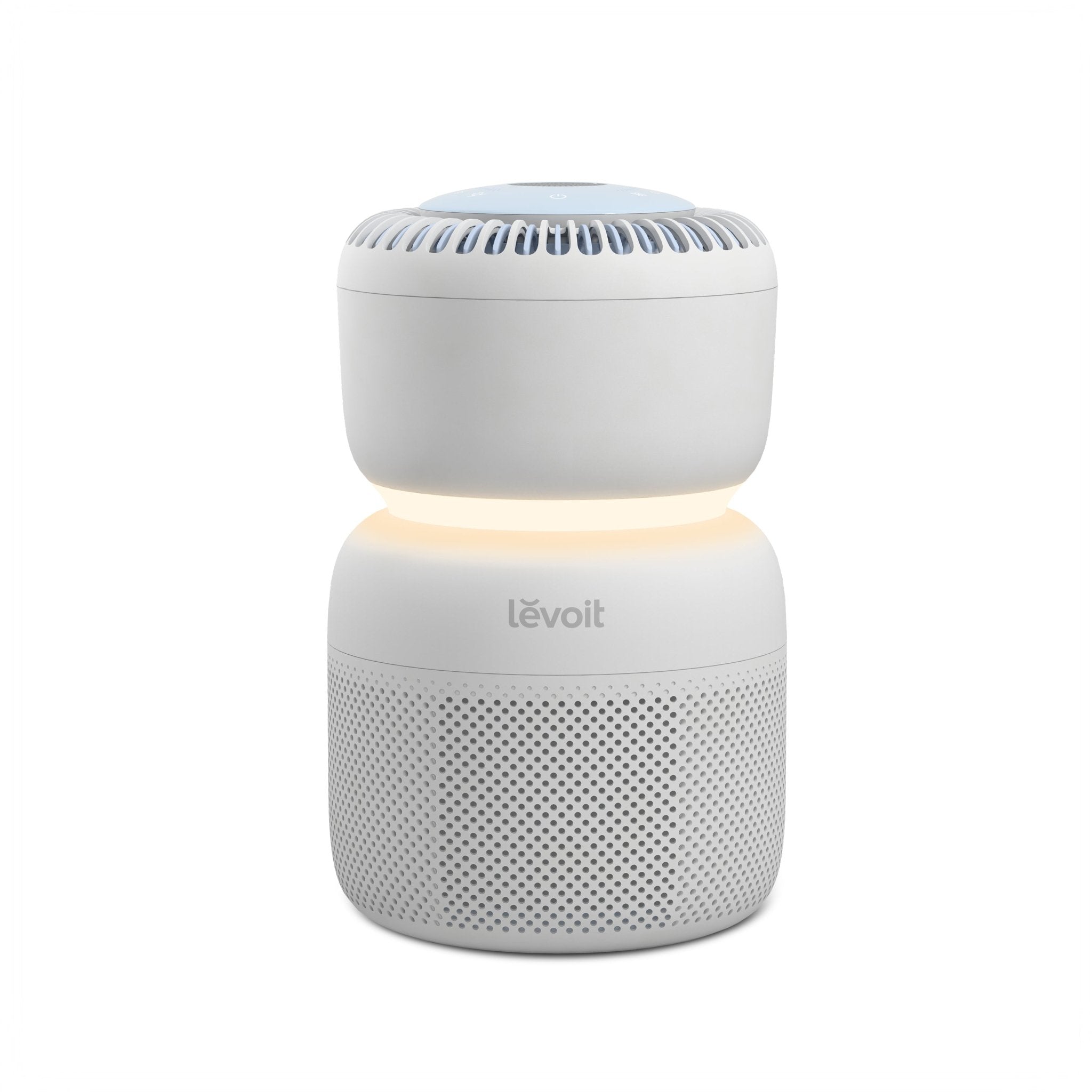 White Levoit Sprout Air Purifier with perforated lower intake, top air outlet and illuminated center ring