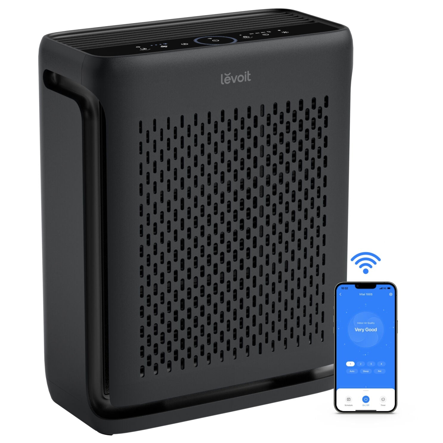Black Levoit Vital 100S-P manufacturer render with VeSync phone graphic
