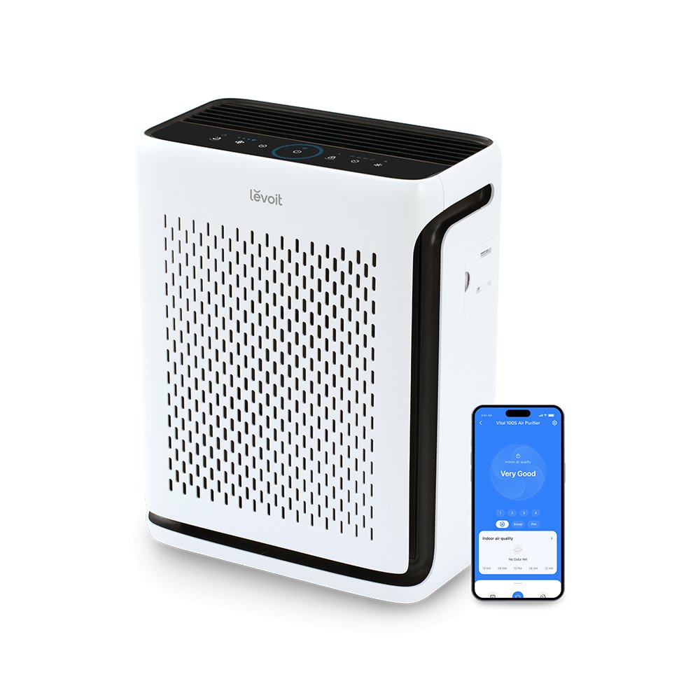 White Levoit Vital 100S-P manufacturer render with VeSync phone graphic