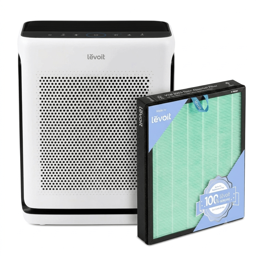 White Levoit Vital 200S-P shown with a boxed Toxin Absorber replacement filter