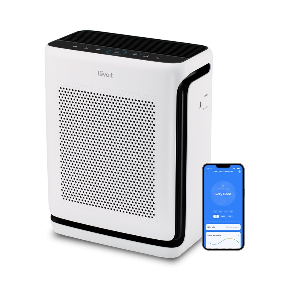 White Levoit Vital 200S-P rectangular purifier with perforated front inlet and a VeSync phone illustration