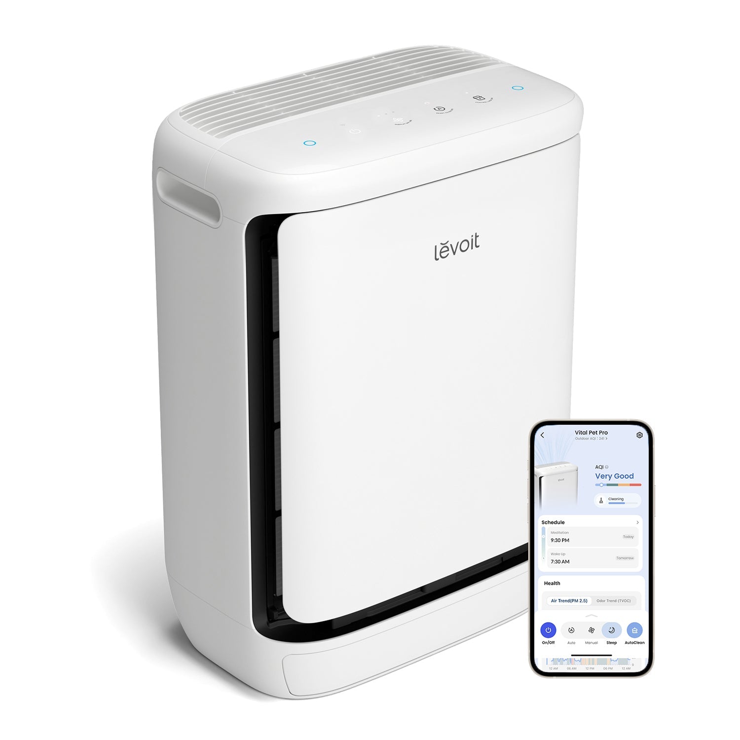 White Levoit Vital Pet Pro purifier shown in a manufacturer image with an illustrative VeSync phone screen