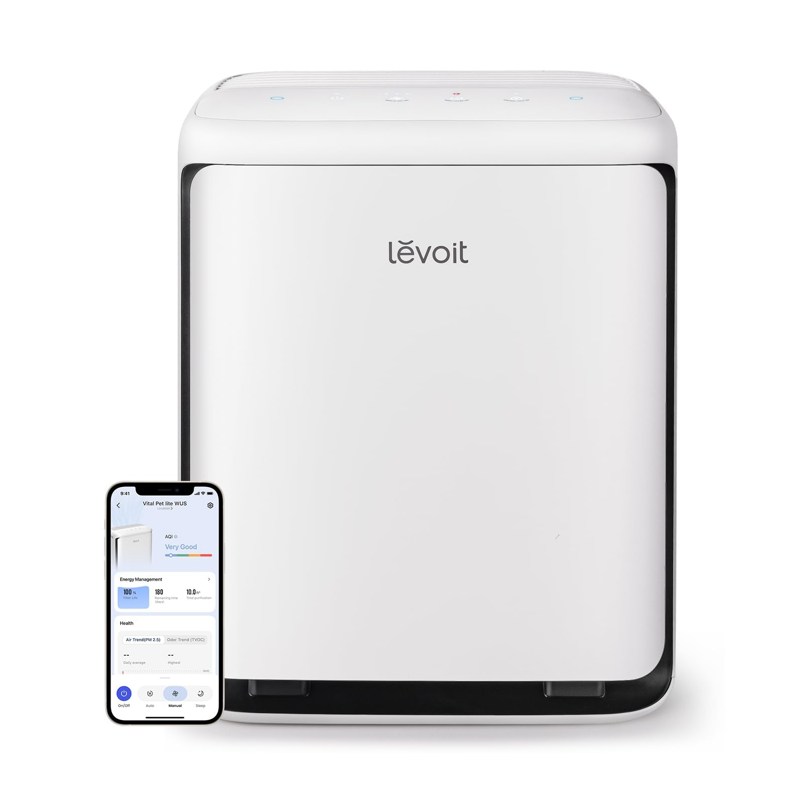 Purificatore Levoit Vital Pet mostrato nell'immagine della scheda prodotto del produttore con una schermata illustrativa di un telefono.