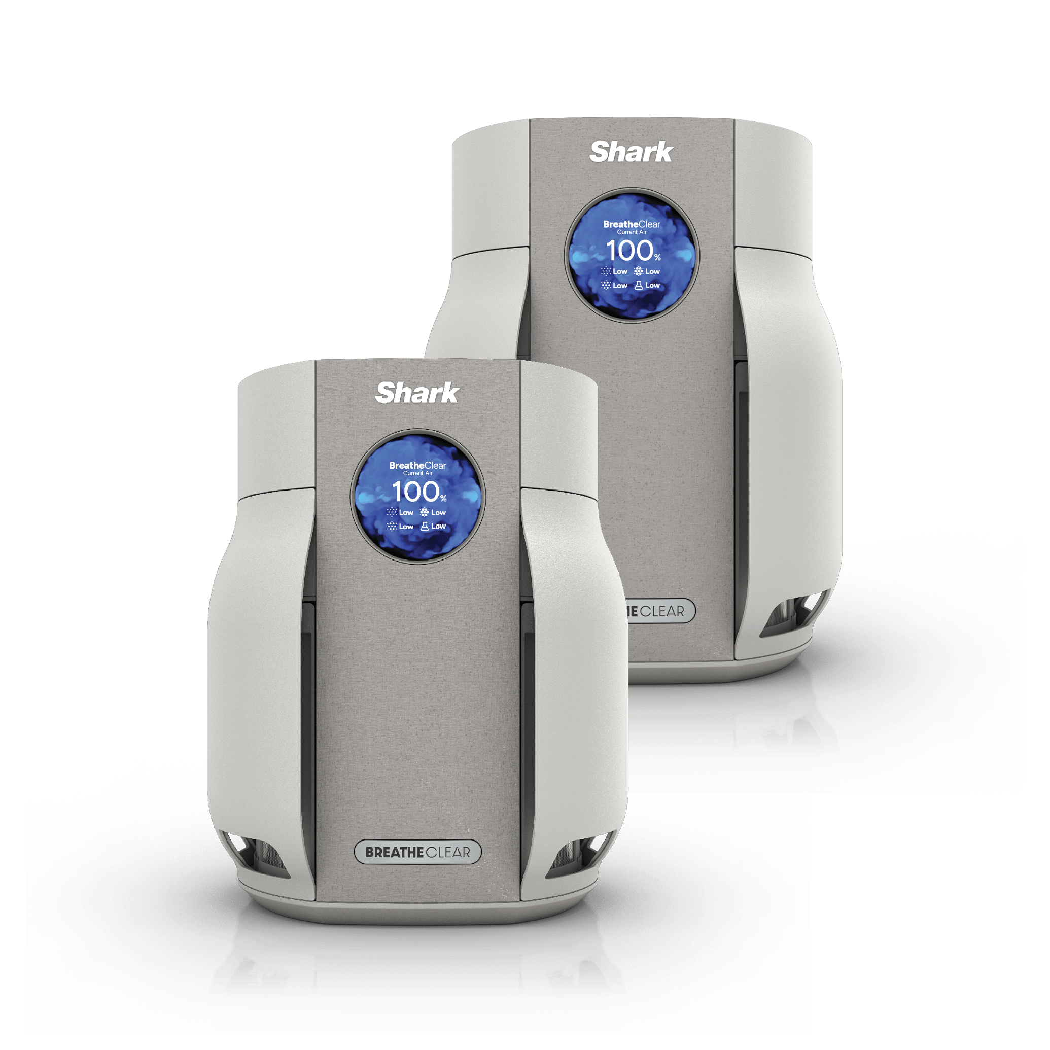 Two Shark BreatheClear Compact Pro HP062 purifier units shown in the HP062B2 Dove bundle