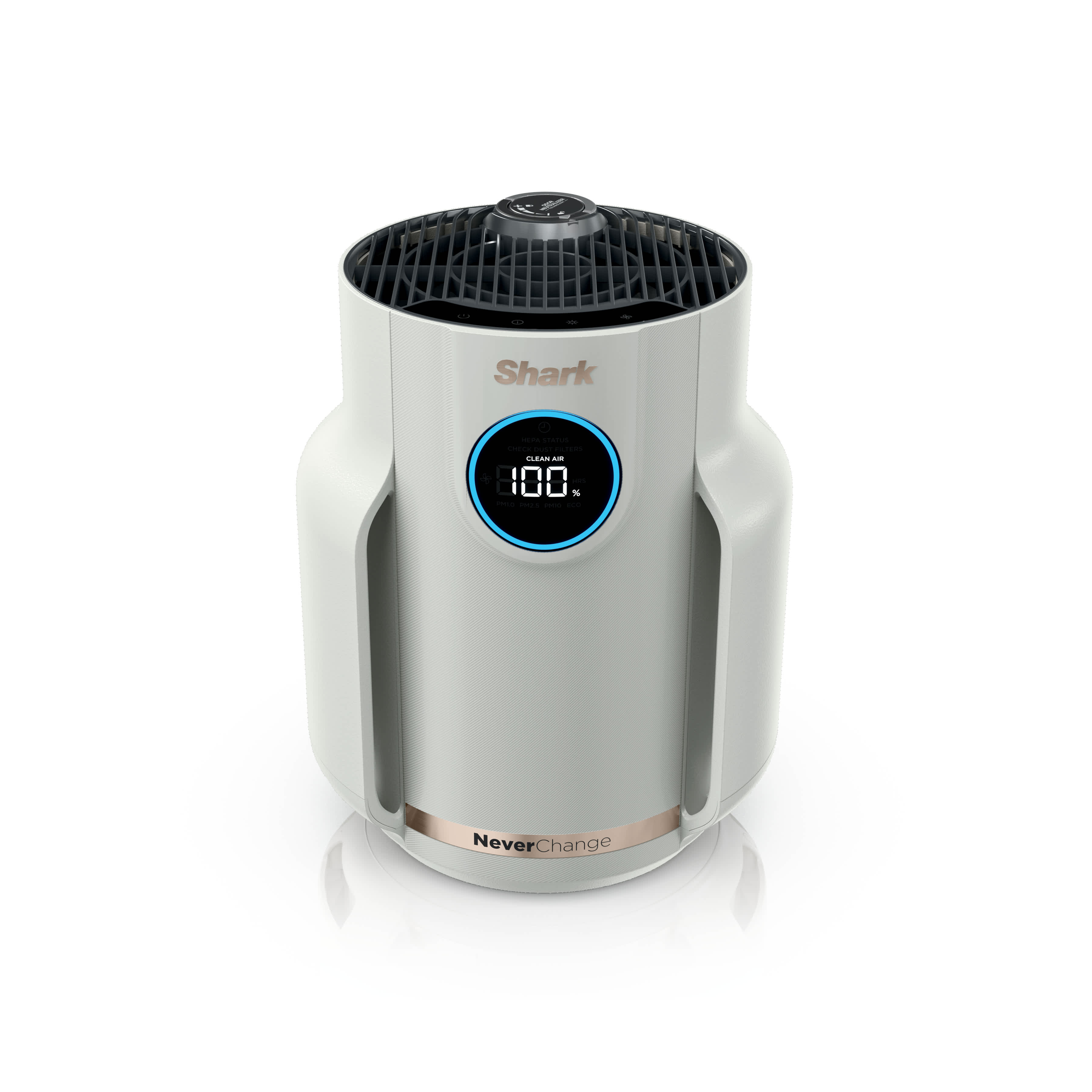 White Shark NeverChange Compact Pro HP072 with dark top grille, circular front display, and gold NeverChange band