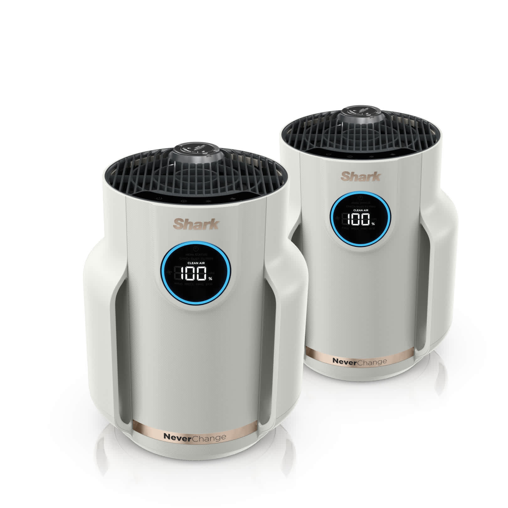 Two white Shark NeverChange Compact Pro HP072 purifiers shown in the HP072B2 bundle