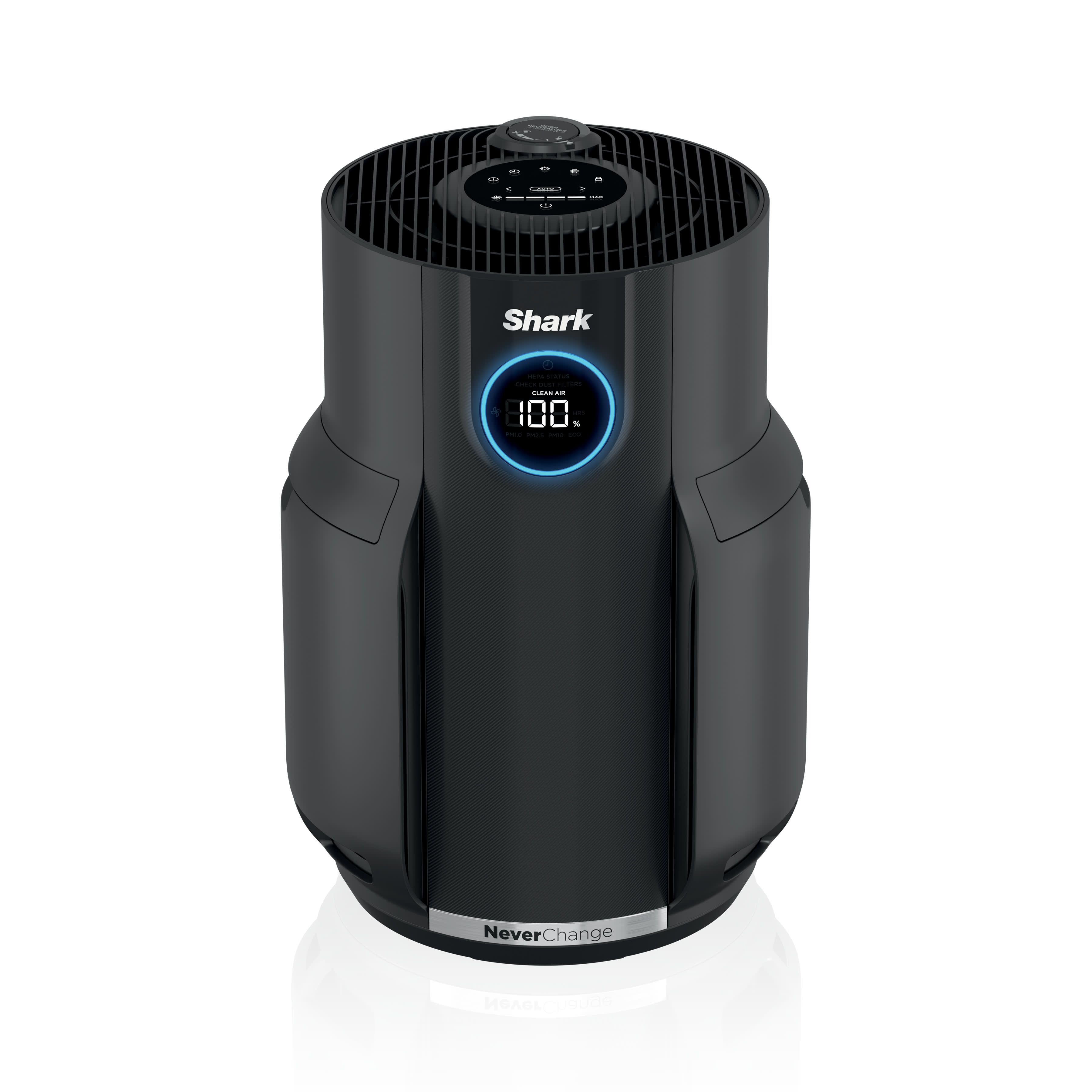 Charcoal Shark NeverChange HP152 purifier with top controls and circular blue air-quality display