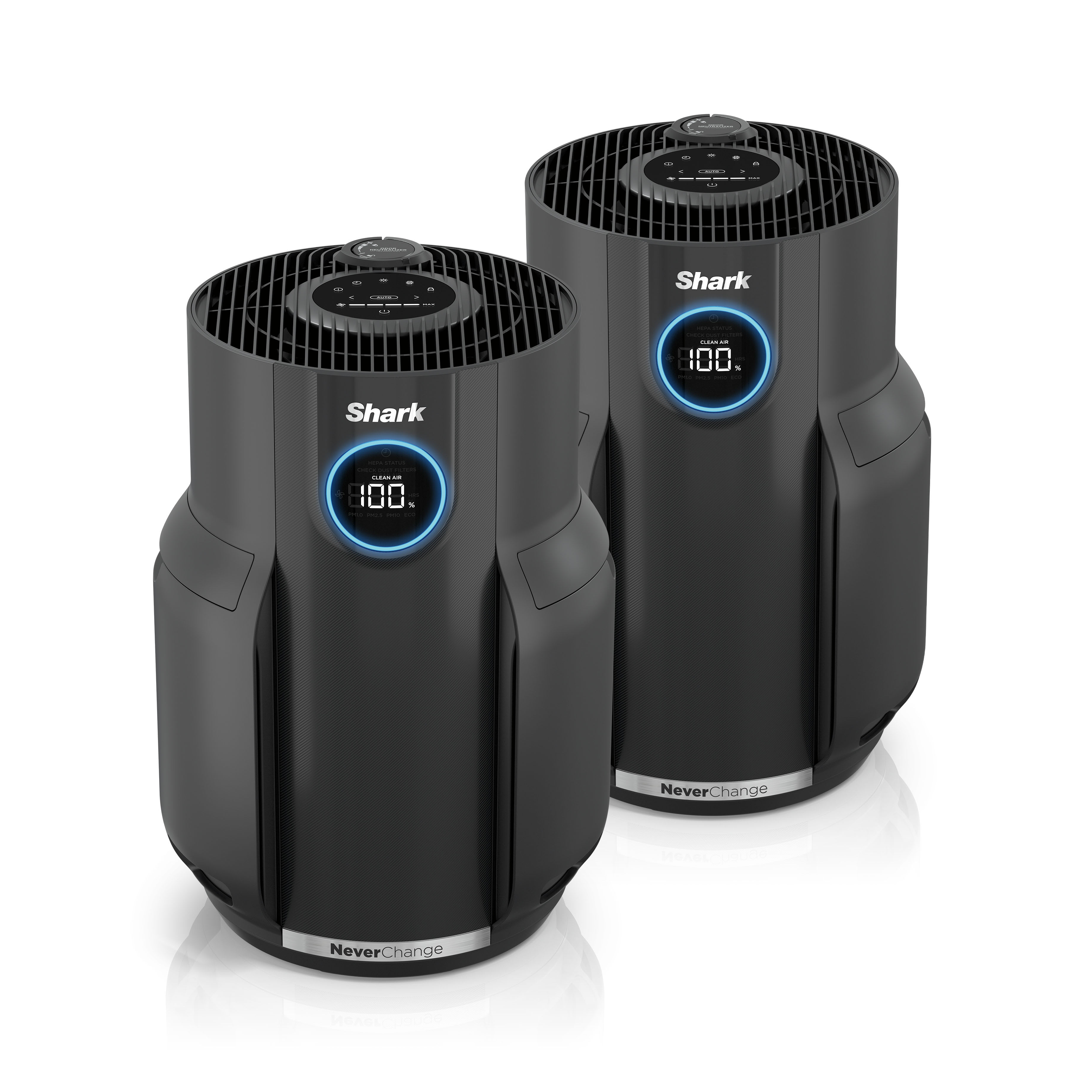 Two charcoal Shark NeverChange HP152 air purifiers shown together as the HP152B2 bundle