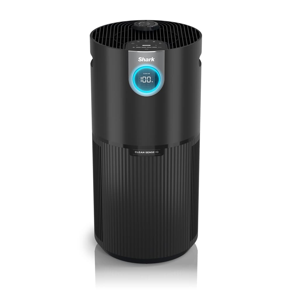 Charcoal-gray Shark HP232 cylindrical air purifier with a blue circular CleanSense IQ display