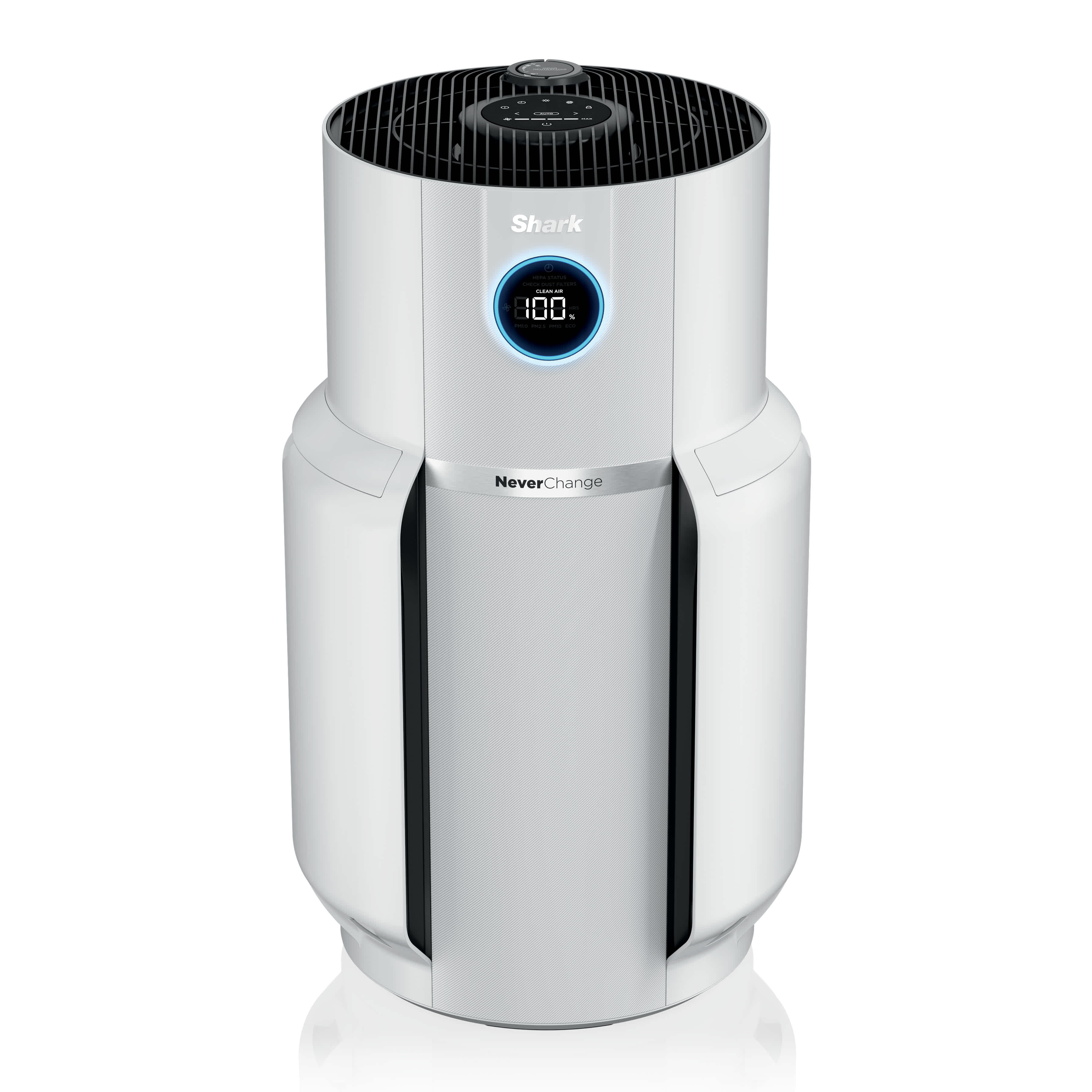 White Shark HP302 cylindrical air purifier with a circular blue-ring CleanSense display and NeverChange filter band