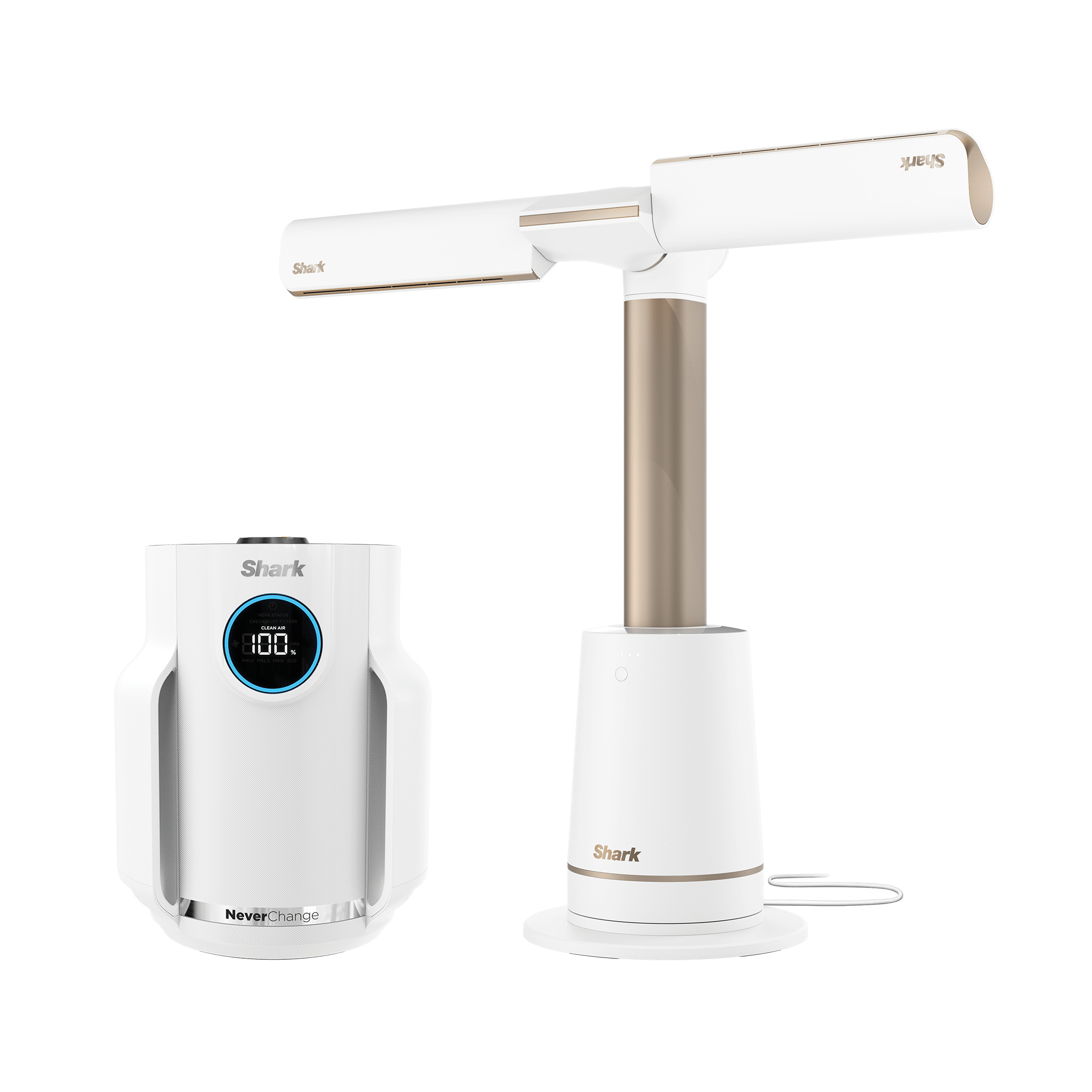 One Dove Shark NeverChange Compact Pro purifier beside one separate TurboBlade tower fan in the TF202SHP bundle render