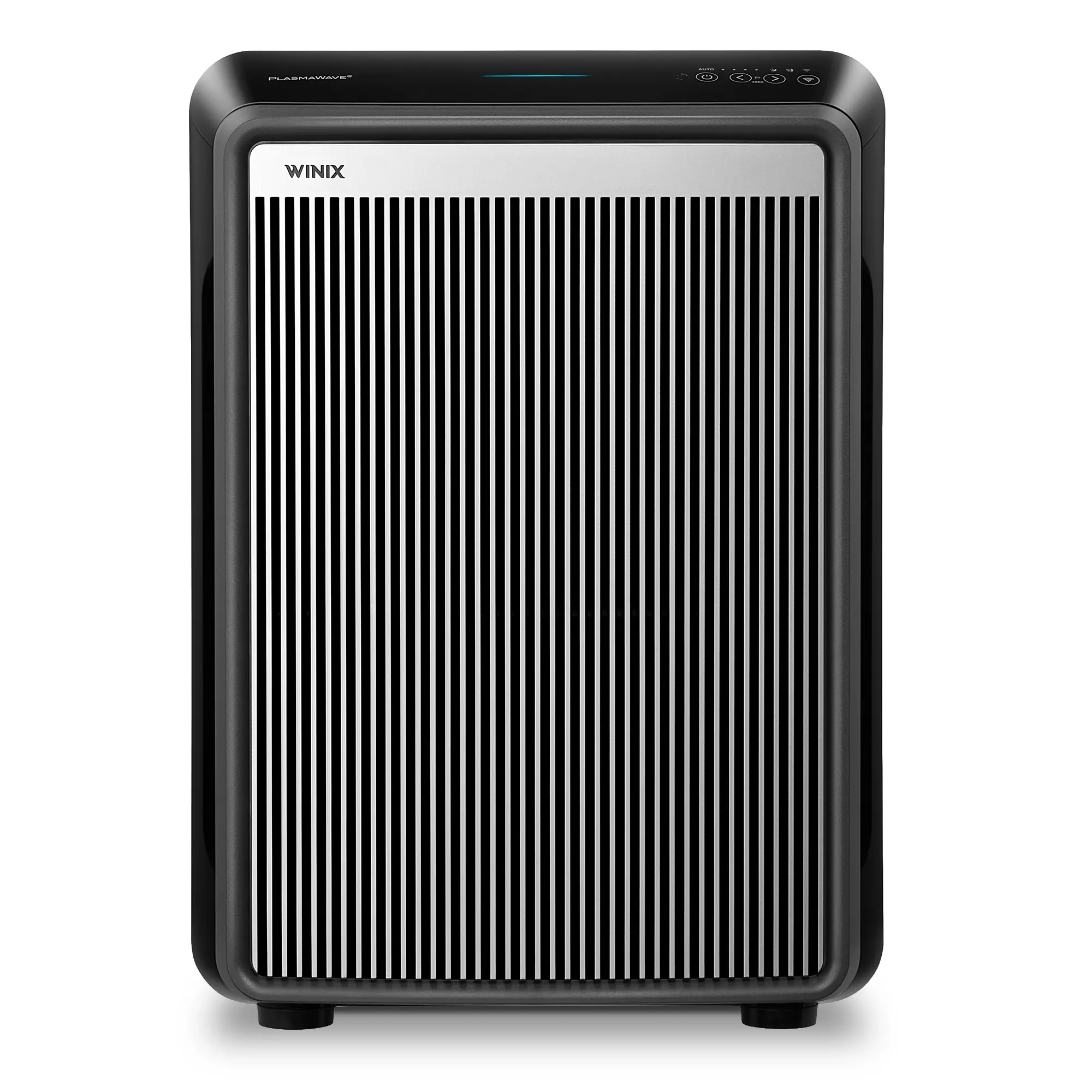 Black rectangular Winix 9800 air purifier with a tall vertical front grille and top control panel; manufacturer render.