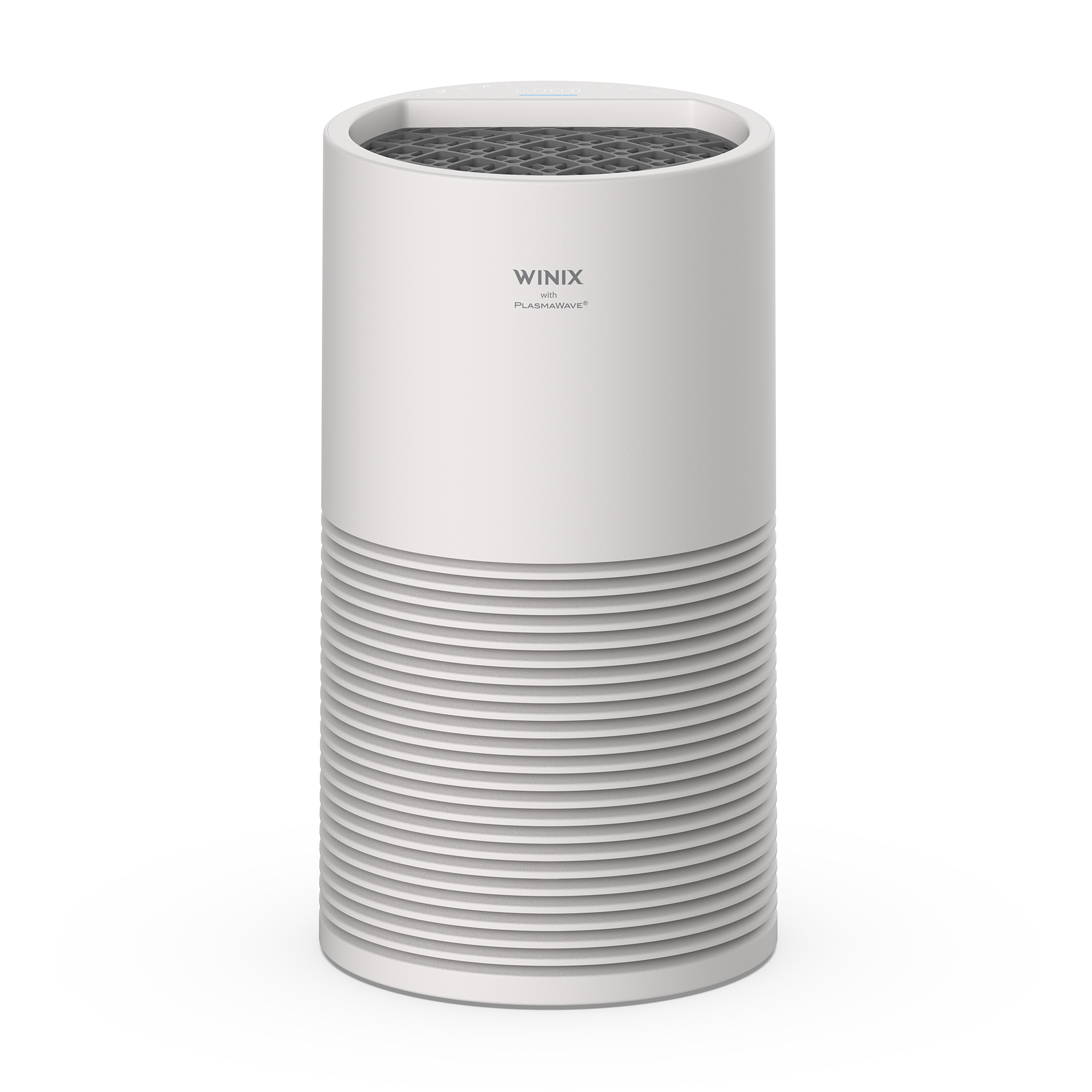 White cylindrical Winix AT40 air purifier with a ribbed lower intake and circular top outlet