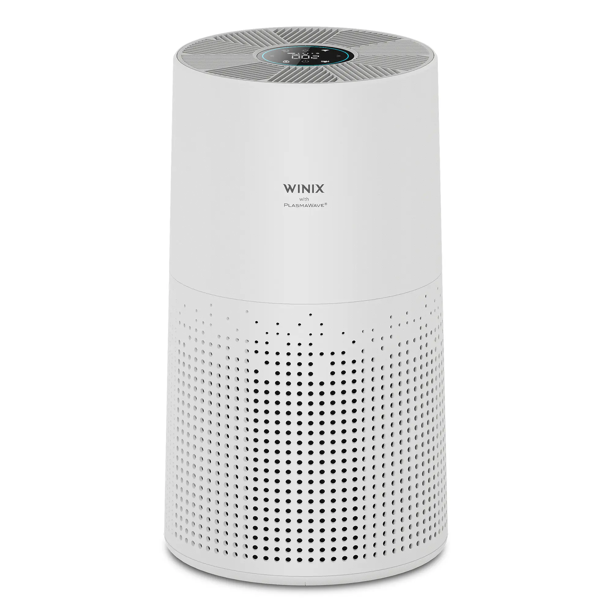 White Winix C710 cylindrical air purifier with a dark circular top control panel and perforated dark lower intake band; manufacturer render.