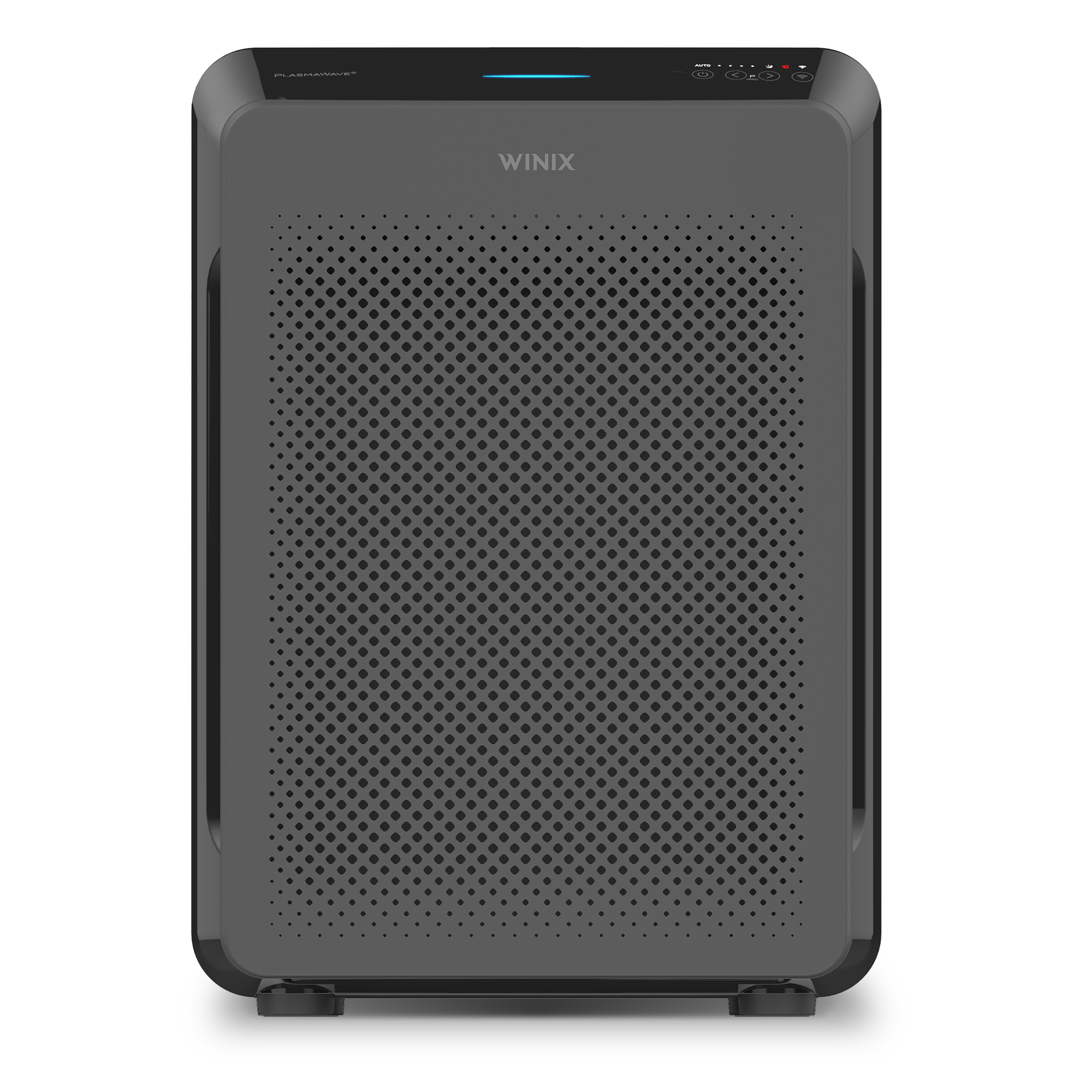 Rectangular dark Winix C909 air purifier viewed from the front, showing a perforated intake panel and top controls