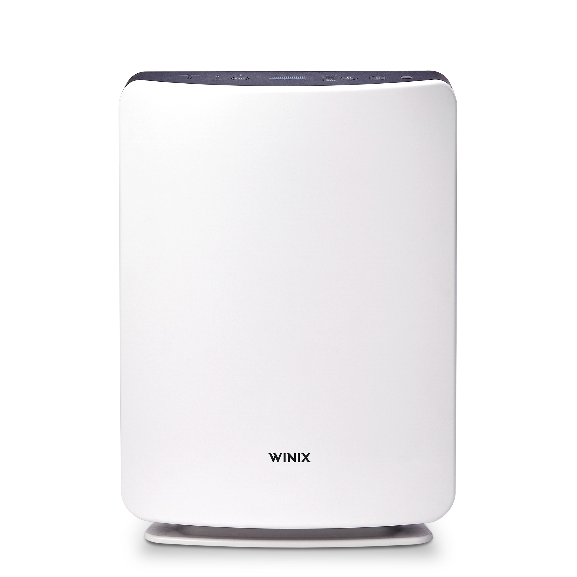 White Winix D360 purifier shown from the front, with a dark upper control panel and WINIX mark on the front