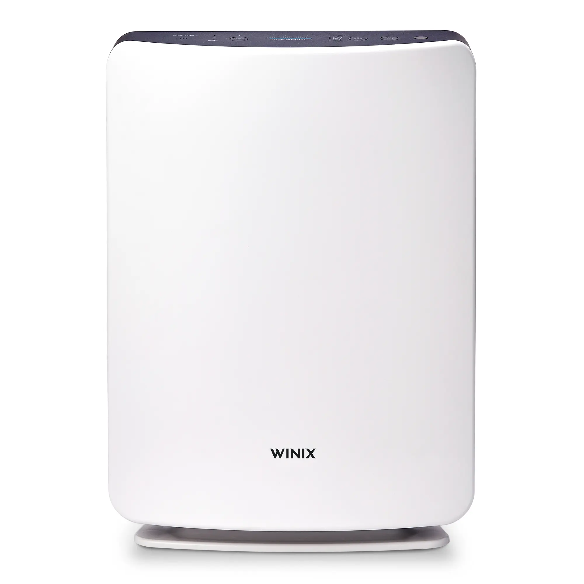 White Winix D480 purifier shown from the front, with a dark upper control panel and WINIX mark on the front