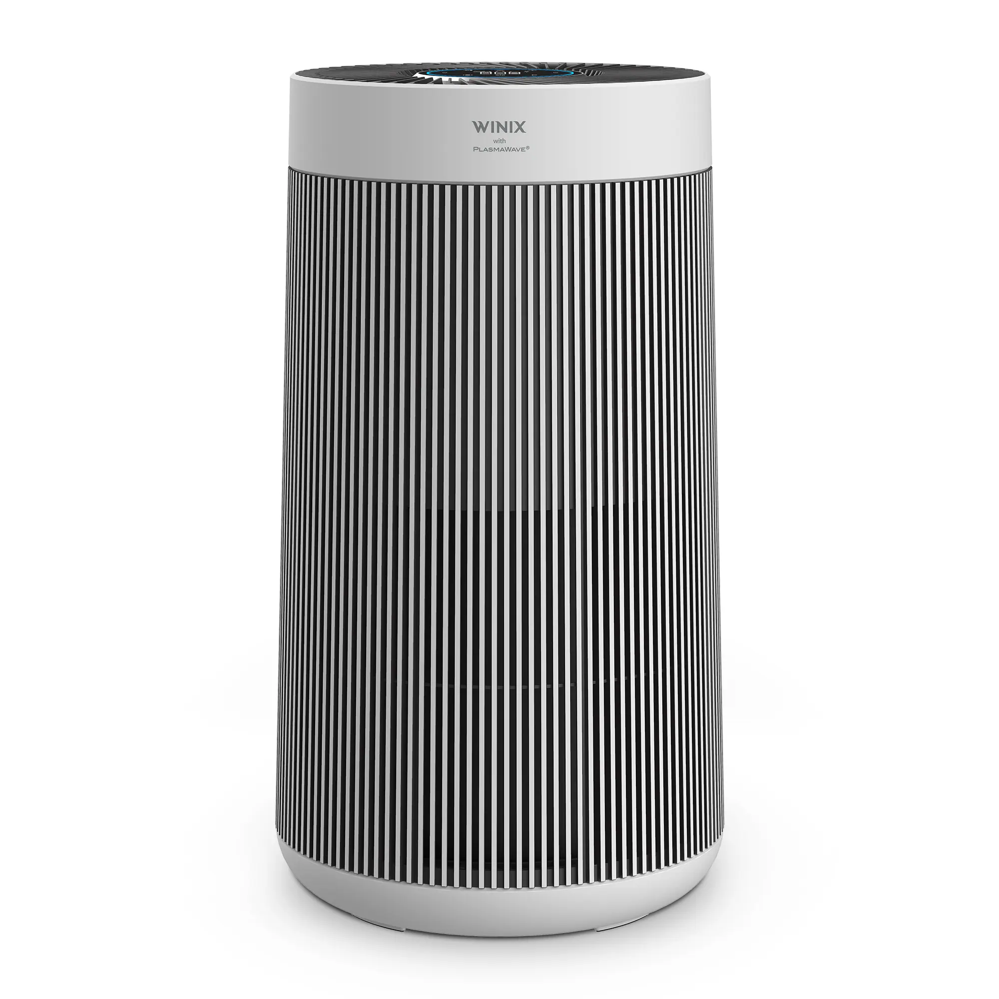 White cylindrical Winix T810 purifier with a ribbed black intake, circular top outlet and Winix/PlasmaWave branding; manufacturer render.