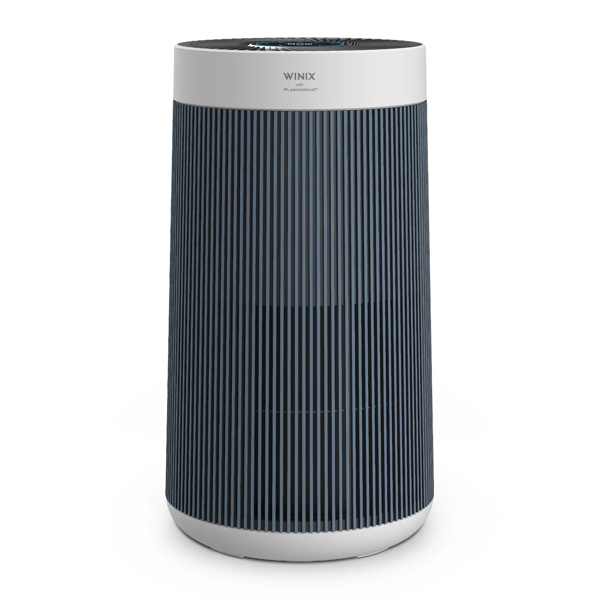 Winix T830 cylindrical air purifier with white upper shell and dark blue-tinted vertical intake slats