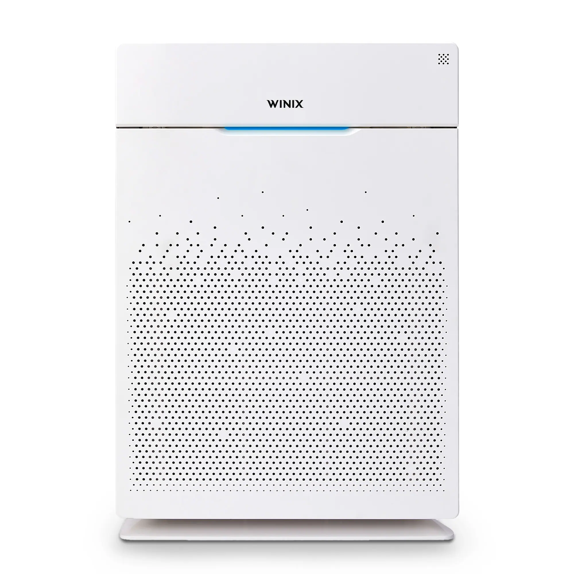 White Winix WX100 air purifier shown from the front, with WINIX mark near the top and a perforated lower air intake