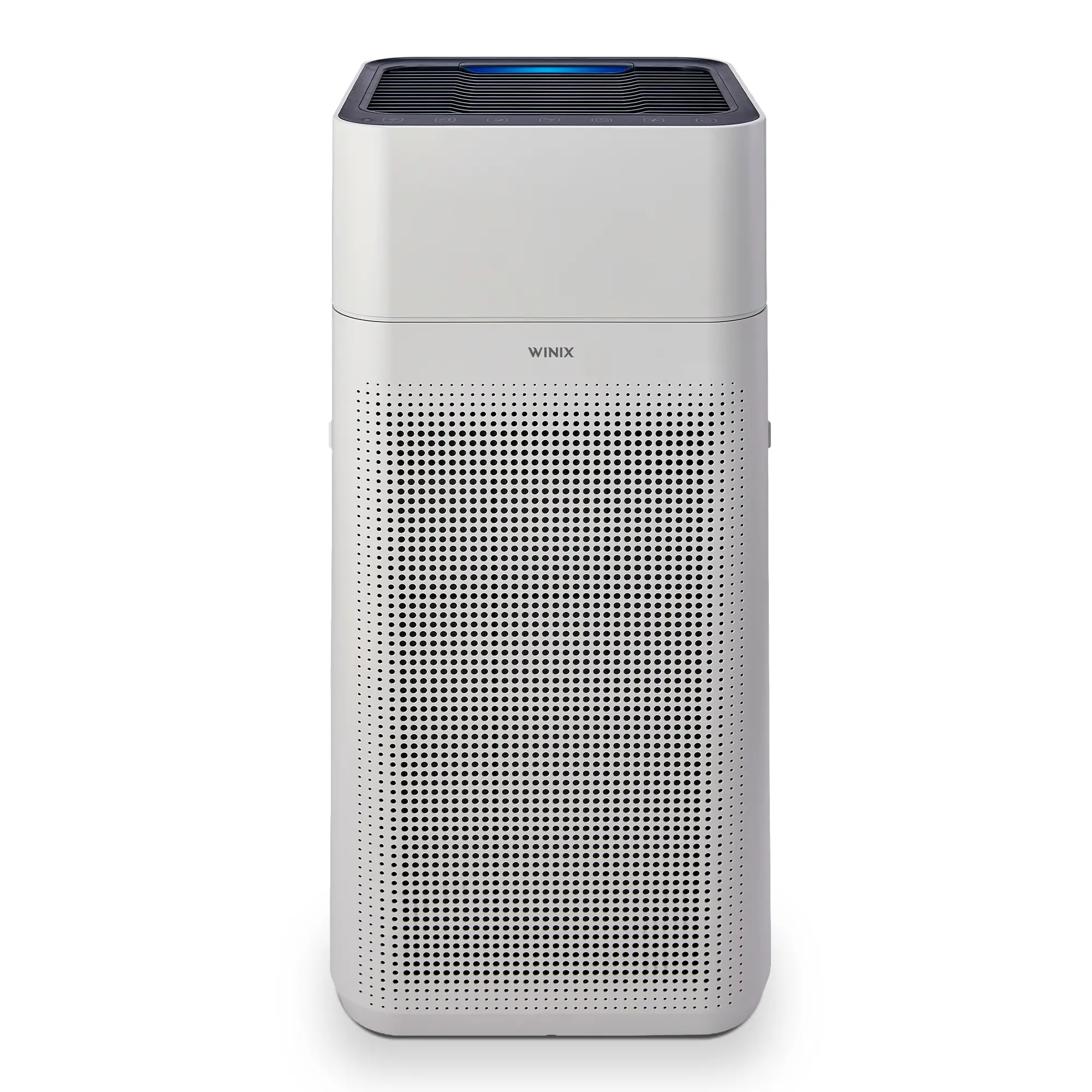 White rectangular Winix XQ air purifier with dark top control panel and perforated front intake; manufacturer render.